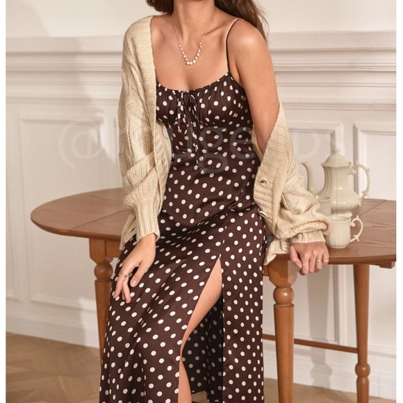 French Style Polka Dot Brown Midi Dress Leg Slit - Picture 3 of 16